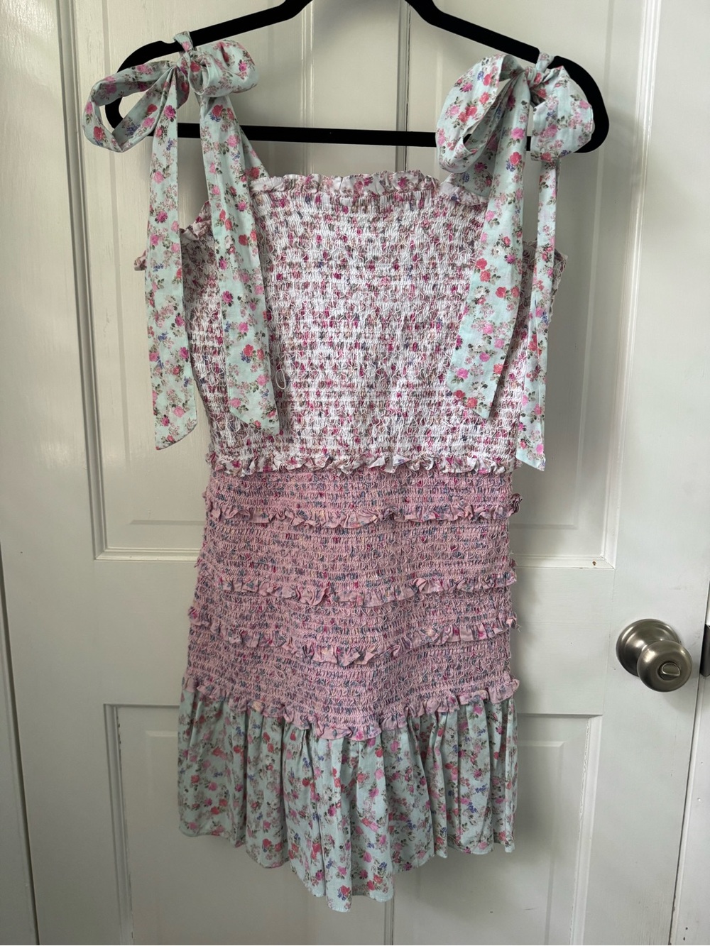 LoveShackFancy Pink and Mint Floral Smocked Mini Dress with Tie Straps